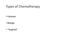 Types of Chemotherapy
• Cytotoxic
• Biologic
• “Targeted”
 