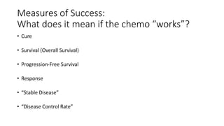 Measures of Success:
What does it mean if the chemo “works”?
• Cure
• Survival (Overall Survival)
• Progression-Free Survival
• Response
• “Stable Disease”
• “Disease Control Rate”
 