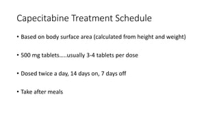 Capecitabine Treatment Schedule
• Based on body surface area (calculated from height and weight)
• 500 mg tablets…..usually 3-4 tablets per dose
• Dosed twice a day, 14 days on, 7 days off
• Take after meals
 