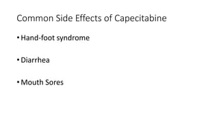 Common Side Effects of Capecitabine
• Hand-foot syndrome
• Diarrhea
• Mouth Sores
 