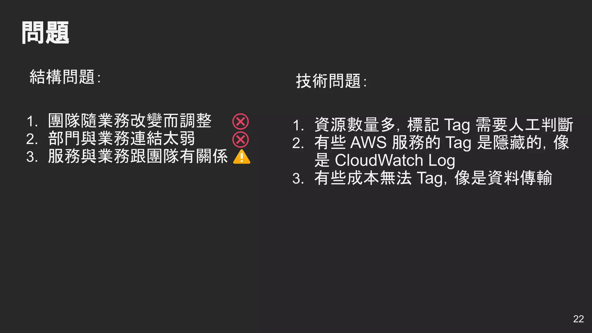 結構問題：
1. 團隊隨業務改變而調整
2. 部門與業務連結太弱
3. 服務與業務跟團隊有關係
問題
22
技術問題：
1. 資源數量多，標記 Tag 需要人工判斷
2. 有些 AWS 服務的 Tag 是隱藏的，像
是 CloudWatch Log
3. 有些成本無法 Tag，像是資料傳輸
 