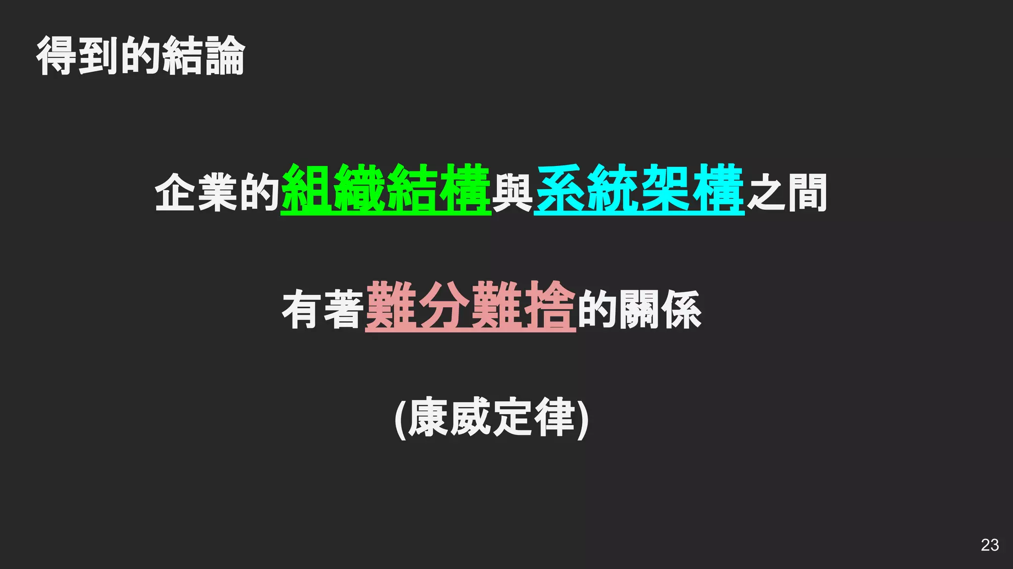 得到的結論
企業的組織結構與系統架構之間
有著難分難捨的關係
(康威定律)
23
 