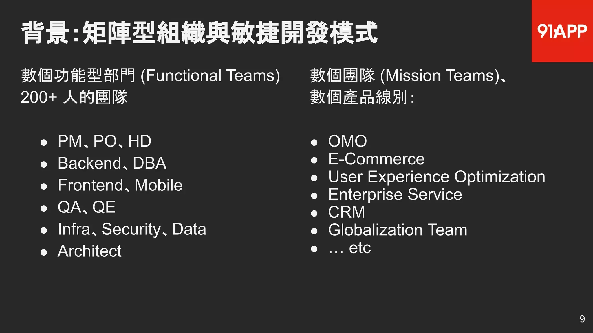 背景：矩陣型組織與敏捷開發模式
數個功能型部門 (Functional Teams)
200+ 人的團隊
● PM、PO、HD
● Backend、DBA
● Frontend、Mobile
● QA、QE
● Infra、Security、Data
● Architect
數個團隊 (Mission Teams)、
數個產品線別：
● OMO
● E-Commerce
● User Experience Optimization
● Enterprise Service
● CRM
● Globalization Team
● … etc
9
 