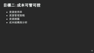 目標二：成本可管可控
● 資源使用率
● 資源管理策略
● 資源歸屬
● 成本結構與分析
18
 