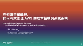 © 2020, Amazon Web Services, Inc. or its affiliates. All rights reserved.
Rick Hwang
Sr. Technical Manager @ 91APP
在矩陣型組織裡，
如何有效管理 AWS 的成本結構與系統架構
How to Manage Cost and Services
for Multiple AWS Accounts in Matrix Organization
2
 