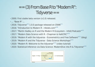==(3)FromBaseRto"ModernR":
Tidyverse==
2000: First stable beta version (v1.0) released.
... "Base R" ...
2016: Tidyverse
[26]
1.0.0 package released on CRAN
[27]
2016: "Introduction to Modern R - r4stats.com"
[28]
2017: "Martin Hadley on R and the Modern R Ecosystem - InfoQ Podcasts"
[29]
2017: "Modern Data Science with R - Chapman & Hall/CRC"[30]
2019: "Modern R with the tidyverse - Econometrics and Free Software"
[31]
(blog)
2019: "Modern R and the Tidyverse - Data Science Workshops"[32]
2020: "Modern R: Welcome to the tidyverse"
[33]
(video tutorial)
2020: Statistical Inference via Data Science: ModernDive into R & Tidyverse"[34]
 