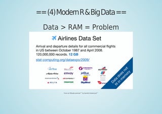 ==(4)ModernR&BigData==
Data > RAM = Problem
From an RStudio seminar
[40]
by Garrett Grolemund
[41]
 