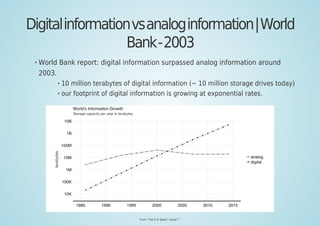 Digitalinformationvsanaloginformation|World
Bank-2003
World Bank report: digital information surpassed analog information around
2003.
10 million terabytes of digital information (~ 10 million storage drives today)
our footprint of digital information is growing at exponential rates.
From "The R In Spark" (book)
[60]
 