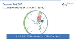Developer first WoW 
freee APIが初めてのエンジニアの方へ！クイックスタートできますよ 
スタートガイドとAPIリファレンスであっという間にAPIコールまで
 