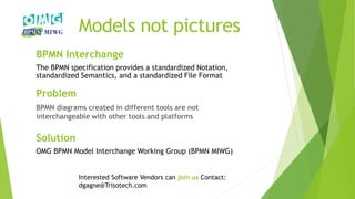 Problem
BPMN diagrams created in different tools are not
interchangeable with other tools and platforms
BPMN Interchange
The BPMN specification provides a standardized Notation,
standardized Semantics, and a standardized File Format
Models not pictures
Solution
OMG BPMN Model Interchange Working Group (BPMN MIWG)
Interested Software Vendors can join us Contact:
dgagne@Trisotech.com
 