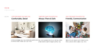 112
Always There & Safe
Comfortable, Detail Friendly, Communication
시각적으로 편안함을 느낄 수 있는 은은한 톤과 섬세하게 짜여
진 데이터의 안정된 구조를 느낄 수 있는 디자인
멀티 디바이스를 통해 언제 어디서나 제약 없는 체계적
관리를 지원하며 사용자의 개입을 최소화하는 기술
생활 속 어디서든 친밀하게 서로가 연결되어 있으며,
부부간, 산부인과, 캔두와 소통할 수 있는 서비스
디자인 전략 (감성적 가치+기능적 가치) 기술적 전략 (기능적 가치+공간적 가치) 서비스 전략 (감성적 가치+공간적 가치)
컨셉 전략
디지털 미디어 프로젝트
컨셉 도출
 