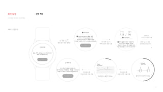 141
OK 버튼 Tap 시
혈압/경고 화면 플로팅
OK 버튼 Tap 시
맥박/심전도 화면 노출
Swipe 시
가려진 컨텐츠 노출
측정 완료 후
다음 측정 창 자동 이동
화면 Tap 시 측정
인터렉션 화면 이동
측정 완료 후
다음 측정 창 자동 이동
신체 측정
서비스 플로우
디지털 미디어 프로젝트
화면 설계
 
