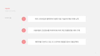 26
1
2
3
여러 스타트업과 협력하여 다양한 의료 기술과의 확보 위해 노력
사용자들의 건강정보를 빅데이터화 하여 개인 맞춤형 헬스케어 구축
웨어러블 디바이스 또는 AI 스피커와 연동함으로써 사용성 확대
디지털 미디어 프로젝트
기업 분석
인사이트 도출
 