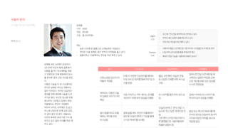 72
페르소나
디지털 미디어 프로젝트 임재용
나이 : 44세
직업 : 회사원
수입 : 월 450만원+
태도 :
- 늦은 나이에 한 결혼으로 신체능력이 걱정된다.
- 연이은 시술 실패로 생긴 부부간 서먹함을 풀고 싶다.
- 힘들어하고 우울해하는 부인을 위로 해주고 싶다.
동기 시나리오 기능/컨텐츠 이용행태
신체노화로임신이어
려울까걱정됨
더욱더꾸준한건강관리를해야하
므로24시간워치를통해조언및진
단을받음
혈압,수면패턴,식습관,운동
등건강한신체를위한퍼스널
코칭
일어나면전날수면패턴을체
크해주는알람이떠있음신체
건강개선을위한모든정보를
수시로전달받음
계속되는시험관시술
의실패로사이가서먹
해짐
서로지쳐가고서먹 해지는관계를
개선하기위해부부상담을진행함
AI스피커를통한부부심리상
담
집에서부부와AI스피커가함
께모여심리상담을진행함
많이힘들어하고우울
해하는부인을위로
하고싶음
곁에없을때도부인이우울해하지
않도록‘오늘의한마디’기능을통해
수시로메세지를보내줌
‘오늘의한마디’’,‘편지전달’기
능으로 하고싶은격려의말전
달
기존흔히쓰이던메신저와다
른플랫폼으로사용자들에게
특별한경험이됨
음성또는텍스트메세지를배
우자의워치로전송하며정서적
지지와따듯한격려를보내유
대감을높임
사용자
니즈
- 내신체 컨디션을체계적으로관리하고싶다.
- 부부간생긴감정의골을해소하고싶다.
- 지쳐하는부인을위로해주고싶다.
Business
Goal
- 사용자의혈압수면패턴등기본라이프스타일을모니터링및관리
- 난임부부심리상담을통해부부관계개선
- 메세지전달기능을 이용하여메세지보내기
임재용 씨는 44세의 남성이다.
2년 전에 부인과 함께 결혼해서
신혼을 즐기다 자녀계획을 세웠
고 만혼으로 인해 병원에서 검사
를 받아본 결과 난임 진단을 받았
다.
시험관 시술을 두 번 시도했지만
연이은 실패로 부인도 재용씨도
많이 지쳐있다. 하지만 성공적인
결과를 위해 세번째 시술을 도전
하기로 했다. 부인은 임신을 위해
회사까지 그만뒀고 집에서 계속
우울해하는 부인이 걱정됐다.
부부의 사이도 서먹해진 것 같고
어느새 난임으로 인해 깊은 감정
의 골이 생긴 것 같다. 재용씨는
이전의 화목한 분위기로 다시 돌
아가고 싶고 힘든 아내를 위로 해
주고 싶다.
사용자 분석
 