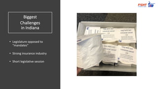 Biggest
Challenges
in Indiana
• Legislature opposed to
“mandates”
• Strong insurance industry
• Short legislative session
 