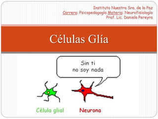 Células Glía
Instituto Nuestra Sra. de la Paz
Carrera: Psicopedagogía Materia: Neurofisiología
Prof. Lic. Daniela Pereyra
 