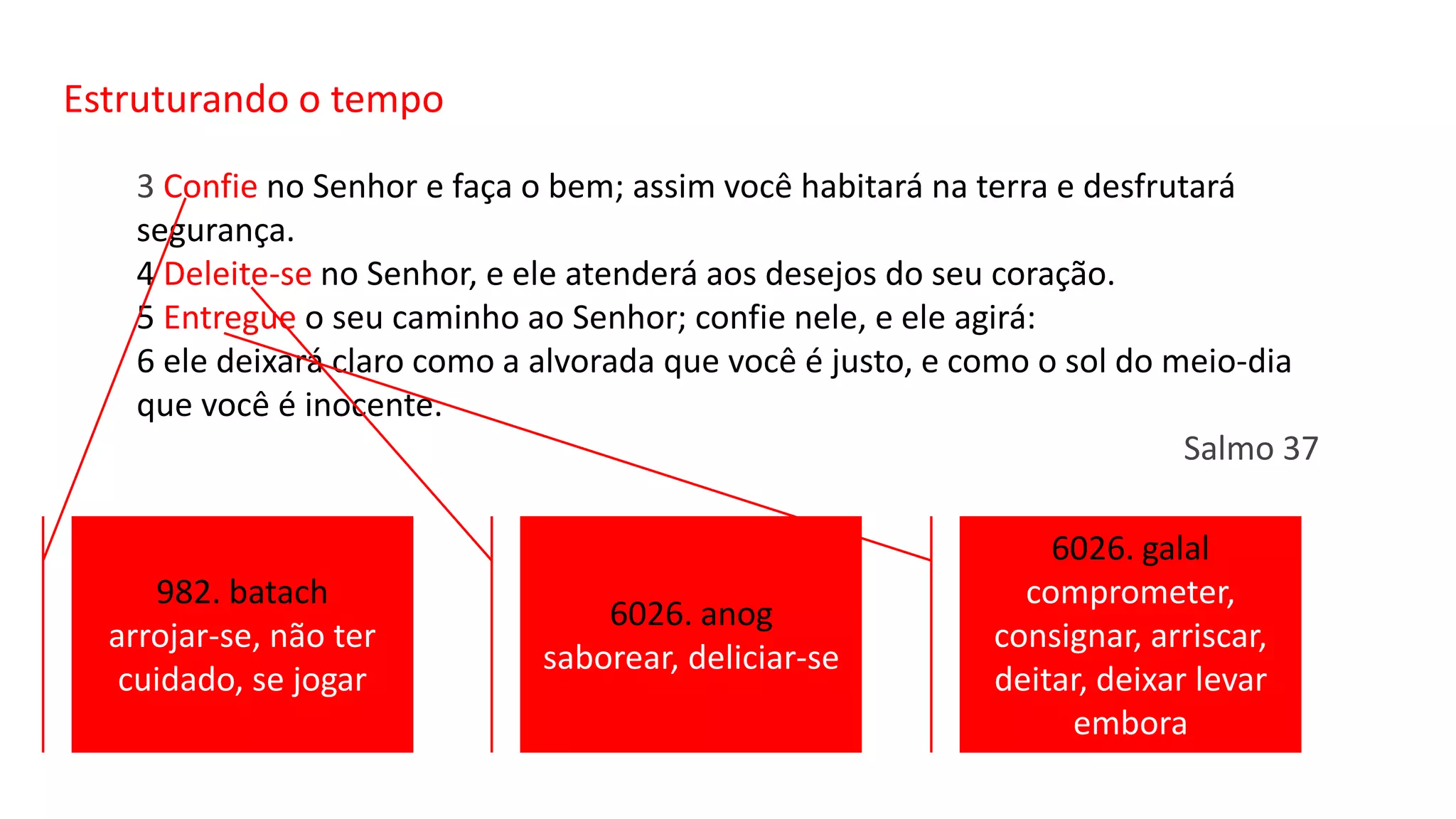 Estruturando o tempo
3 Confie no Senhor e faça o bem; assim você habitará na terra e desfrutará
segurança.
4 Deleite-se no Senhor, e ele atenderá aos desejos do seu coração.
5 Entregue o seu caminho ao Senhor; confie nele, e ele agirá:
6 ele deixará claro como a alvorada que você é justo, e como o sol do meio-dia
que você é inocente.
Salmo 37
982. batach
arrojar-se, não ter
cuidado, se jogar
6026. anog
saborear, deliciar-se
6026. galal
comprometer,
consignar, arriscar,
deitar, deixar levar
embora
 