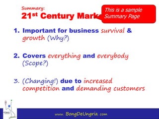 www. BongDeUngria. com
1. Important for business survival &
growth (Why?)
2. Covers everything and everybody
(Scope?)
3. (Changing!) due to increased
competition and demanding customers
Summary:
21st Century Marketing is…
This is a sample
Summary Page
 