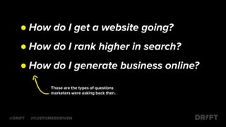 ● How do I get a website going?
● How do I rank higher in search?
● How do I generate business online?
Those are the types of questions
marketers were asking back then.
@DRIFT #CUSTOMERDRIVEN
 