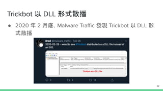 ● 2020 年 2 月底，Malware Traﬃc 發現 Trickbot 以 DLL 形
式散播
Trickbot 以 DLL 形式散播
32
 