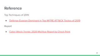 Reference
Top Techniques of 2019
● Defense Evasion Dominant in Top MITRE ATT&CK Tactics of 2019
Report
● Cyber Attack Trends: 2020 Mid-Year Report by Check Point
61
 