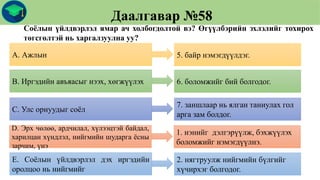 Даалгавар №58
Соёлын үйлдвэрлэл ямар ач холбогдолтой вэ? Өгүүлбэрийн эхлэлийг тохирох
төгсгөлтэй нь харгалзуулна уу?
A. Ажлын 5. байр нэмэгдүүлдэг.
B. Иргэдийн авъяасыг нээх, хөгжүүлэх 6. боломжийг бий болгодог.
C. Улс орнуудыг соёл
7. заншлаар нь ялган таниулах гол
арга зам болдог.
D. Эрх чөлөө, ардчилал, хүлээцтэй байдал,
харилцан хүндлэл, нийгмийн шударга ёсны
зарчим, үнэ
1. нэнийг дэлгэрүүлж, бэхжүүлэх
боломжийг нэмэгдүүлнэ.
E. Соёлын үйлдвэрлэл дэх иргэдийн
оролцоо нь нийгмийг
2. нягтруулж нийгмийн бүлгийг
хүчирхэг болгодог.
 