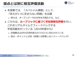 採点とは別に相互評価活動
◆ 本授業では、「スペシャル課題」として、
「答えが1つに定まらない問題」を出題
⚫ 例えば、オープンデータの分布を可視化する、など
◆ こちらは、ルーブリックに基づく学生間相互評価を行い、
これをリアルタイムでフィードバックする
学習活動を行っている（2019年度から）
⚫ 評価観点はDPの汎用的能力のうち3つに対応させている
⚫ 採点・ポイントとは別（成績には影響しないフィードバック）
36第26回大学教育研究フォーラム19 Mar 2020
 
