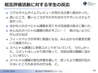 相互評価活動に対する学生の反応
◆ リアルタイムタイムでレビューが見れるの凄く面白かった。
◆ 良いところ、悪いところがそれぞれ分かりやすいシステムで
良かった。
◆ ほかの人のスペシャル課題を見てその完成度の高さに驚いた。
◆ みんなのスペシャル課題の熱がすごい…！ 負けないように
がんばらねば
◆ フィードバックが非常に勉強になる。みんなからの意見を聞
いて頑張りたい。
◆ スペシャル課題1に多数コメントがついていて、うれしかっ
た。コメントはしっかり受け取って、次回以降の課題に活か
していきたい。
◆ スペシャル課題の相互評価を通して、思ったより意図が伝わ
らないところもあるものだなあ、と。
40第26回大学教育研究フォーラム19 Mar 2020
 