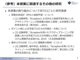（参考）本授業に関連するその他の研究
◆ 本授業の取り組みについて切り口ごとに研究発表
⚫ 授業全体設計（外化と協調学習）について
◼ [1] 近藤伸彦, “Scrapboxによる外化と協調学習を核とした
アクティブラーニング型授業の設計と実践”, 日本教育工学会
秋季全国大会（第35回）, 2019.
⚫ ポイント制による学習プロセスの可視化・共有について
◼ [2] 近藤伸彦, “Scrapboxを用いたアクティブラーニング型
授業における学習プロセスの可視化と共有”, 第44回教育シ
ステム情報学会全国大会, 2019.（大会奨励賞受賞）
⚫ 操作ログの分析（リンクと理解度の関係）について
◼ [3] 近藤伸彦, 畠中利治, 松田岳士, “Scrapboxを用いたオン
ラインノートの学習記録と学習成果の分析”, 第33回人工知
能学会全国大会, 2019.
5第26回大学教育研究フォーラム19 Mar 2020
 