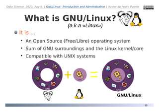 Data Science. 2020, July 6. | GNU/Linux: Introduction and Administration | Xavier de Pedro Puente
10
What is GNU/Linux?
It is ...

An Open Source (Free/Libre) operating system

Sum of GNU surroundings and the Linux kernel/core

Compatible with UNIX systems
GNU/Linux
(a.k.a «Linux»)
 