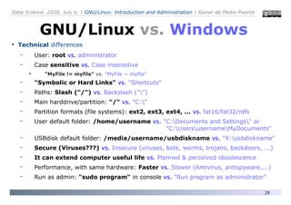 Data Science. 2020, July 6. | GNU/Linux: Introduction and Administration | Xavier de Pedro Puente
29
●
Technical differences
– User: root vs. administrator
– Case sensitive vs. Case insensitive
●
"MyFile != myfile" vs. "MyFile = myfile"
– "Symbolic or Hard Links" vs. "Shortcuts"
– Paths: Slash ("/") vs. Backslash ("")
– Main harddrive/partition: "/" vs. "C:"
– Partition formats (file systems): ext2, ext3, ext4, ... vs. fat16/fat32/ntfs
– User default folder: /home/username vs. "C:Documents and Settings" or
"C:UsersusernameMyDocuments"
– USBdisk default folder: /media/username/usbdiskname vs. "X:usbdiskname"
– Secure (Viruses???) vs. Insecure (viruses, bots, worms, trojans, backdoors, ...)
– It can extend computer useful life vs. Planned & perceived obsolescence
– Performance, with same hardware: Faster vs. Slower (Antivirus, antispyware,...)
– Run as admin: "sudo program" in console vs. "Run program as administrator"
GNU/Linux vs. Windows
 