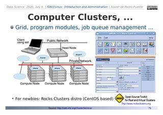 Data Science. 2020, July 6. | GNU/Linux: Introduction and Administration | Xavier de Pedro Puente
79
Computer Clusters, ...
Grid, program modules, job queue management ...
●
For newbies: Rocks Clusters distro (CentOS based)
Source: http://ueb.vhir.org/ClusterSeminar
http://www.rocksclusters.org
 