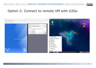 Data Science. 2020, July 6. | GNU/Linux: Introduction and Administration | Xavier de Pedro Puente
9
Option 2: Connect to remote VM with X2Go
2
 