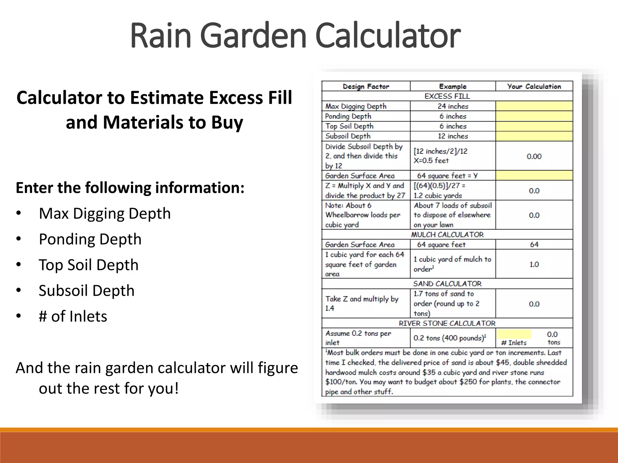 Rain Garden Calculator
Calculator to Estimate Excess Fill
and Materials to Buy
Enter the following information:
• Max Digging Depth
• Ponding Depth
• Top Soil Depth
• Subsoil Depth
• # of Inlets
And the rain garden calculator will figure
out the rest for you!
 