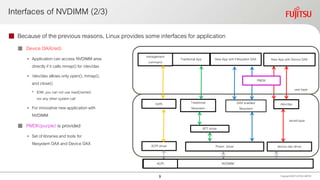 Interfaces of NVDIMM (2/3)
 Because of the previous reasons, Linux provides some interfaces for application
 Device DAX(red)
• Application can access NVDIMM area
directly if it calls mmap()for /dev/dax
• /dev/dax allows only open(),mmap(),
and close()
• IOW, you can not use read()/write()
nor any other system call
• For innovative new application with
NVDIMM
 PMDK(purple) is provided
• Set of libraries and tools for
filesystem DAX and Device DAX
Copyright 2020 FUJITSULIMITED
DAX enabled
filesystem
NVDIMM
user layer
kernel layer
Pmem driver device dax driver
/dev/dax
New App with Device DAX
BTT driver
Traditional
filesystem
Traditional App New App with Filesystem DAX
PMDK
management
command
sysfs
ACPI driver
ACPI
9
 