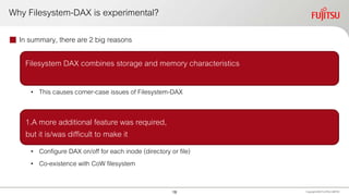 Why Filesystem-DAX is experimental?
 In summary, there are 2 big reasons
Copyright 2020 FUJITSULIMITED
Filesystem DAX combines storage and memory characteristics
• This causes corner-case issues of Filesystem-DAX
1.A more additional feature was required,
but it is/was difficult to make it
• Configure DAX on/off for each inode (directory or file)
• Co-existence with CoW filesystem
19
 
