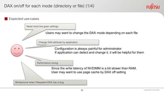 DAX on/off for each inode (directory or file) (1/4)
 Expected use-cases
Copyright 2020 FUJITSULIMITED
Need more fine-grain settings
Change DAX attribute by application
Performance tuning
Workaround when Filesystem-DAX has a bug
Configuration is always painful for administrator
If application can detect and change it, it will be helpful for them
Users may want to change the DAX mode depending on each file
Since the write latency of NVDIMM is a bit slower than RAM,
User may want to use page cache by DAX off setting
23
 