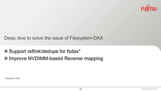 Deep dive to solve the issue of Filesystem-DAX
 Support reflink/dedupe for fsdax*
 Improve NVDIMM-based Reverse mapping
* Filesystem-DAX
Copyright 2020 FUJITSULIMITED29
 