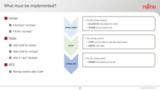 What must be implemented?
Copyright 2020 FUJITSULIMITED
iomap_begin
• xfs_file_iomap_begin()
• ALLOCATE new extent for CoW
• STORE source extent info
actor
• dax_iomap_actor()
• COPY source data to new allocated extent
• WRITE user data
iomap_end
• xfs_file_iomap_end()
• REMAP the extents of this file
 iomap
 Introduce “srcmap”
 Fill the “srcmap”
 fsdax
 Add CoW for write()
 Add CoW for mmap()
 Add a “dax” dedupe
 XFS
 Remap extents after CoW
37
 