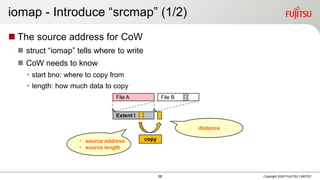 iomap - Introduce “srcmap” (1/2)
 The source address for CoW
 struct “iomap” tells where to write
 CoW needs to know
• start bno: where to copy from
• length: how much data to copy
Copyright 2020 FUJITSU LIMITED
File A
Extent I
copy• source address
• source length
File B
distance
38
 