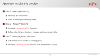 Approach to solve this problem
 Idea 1 – per-page tracking
 Introduce dax-ramp rbtree
 Track by iterating the dax-rmap rbtree
 Idea 2 – fs query tracking
 Introduce ->storage_lost() for filesystem
 Collect a list of shared files from ->storage_lost(), and iterate the list
 Idea 3 – dev_pagemap interface
 Call memory-failure handler in ->storage_lost()
 Introduce ->memory_failure(), which is to be implemented by driver
Copyright 2020 FUJITSULIMITED49
 