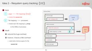 Idea 2 – filesystem query tracking （2/2）
Copyright 2020 FUJITSULIMITED
 track
1. page ==> file mappings （new）
• iterate the owners list
2. file mapping ==> processes
• iterate each file mapping’s i_mmap
to find VMAs of processes
 result
 reduced the huge overhead
 however, it leaves a little overhead
• need extra memory space for the
owners list
memory failure
lock dax page
collect processes
unmap pages
kill processes
unlock dax page
+ iterate the owners list
iterate mapping->i_mmap
to_kill
list
+ call ->storage_lost()
owners
list
53
1
2
 