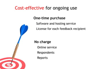 Cost-effective for ongoing use
One-time purchase
Software and hosting service
License for each feedback recipient
No charge
Online service
Respondents
Reports
 