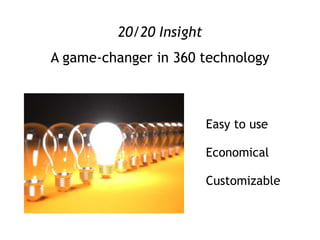 20/20 Insight
A game-changer in 360 technology
Easy to use
Economical
Customizable
 