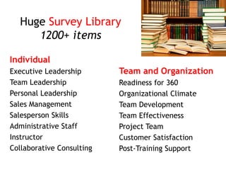 Huge Survey Library
1200+ items
Team and Organization
Readiness for 360
Organizational Climate
Team Development
Team Effectiveness
Project Team
Customer Satisfaction
Post-Training Support
Individual
Executive Leadership
Team Leadership
Personal Leadership
Sales Management
Salesperson Skills
Administrative Staff
Instructor
Collaborative Consulting
 
