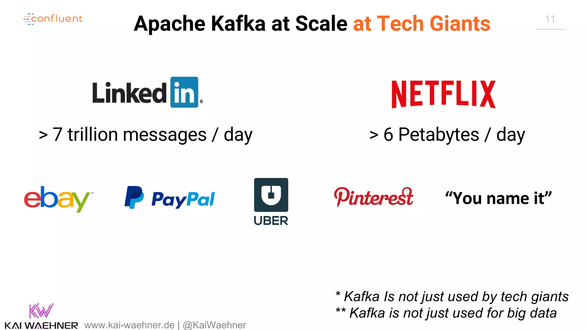 11 Apache Kafka at Scale at Tech Giants www.kai-waehner.de | @KaiWaehner > 7 trillion messages / day > 6 Petabytes / day “You name it” * Kafka Is not just used by tech giants ** Kafka is not just used for big data 