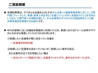 ご提案概要
 本補助事業は、デジタル化を進めようとする中小企業・小規模事業者等に対して、IT専
門家（フリーランス、兼業・副業人材を含む）を通じてハンズオン支援を行うことを目的と
しており、IT専門家への補助を通して、中小企業等がデジタル化の相談等を行った際
の費用負担を軽減する仕組みです。
 NPOの皆様にはこの機会を積極的に利用いただき、業務におけるITツール活用やデジ
タル化をぜひ実現していただければと存じます。
①依頼したい支援者が既に決まっている場合
→本事業の利用手続
②依頼したい支援者は決まっていないが、依頼したい案件がある、
または案件の立て方を相談したい場合
→当センターへご相談ください。支援者マッチングや、案件化をサポートします。
3
 
