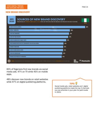 2020 DIGITAL TRENDS
AND OUTLOOK FOR 2021
PAGE 16
NEW BRAND DISCOVERY
60% of Nigerians find new brands via social
media ads...