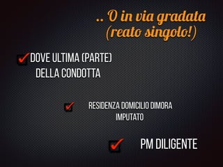 .. O in via gradata
(reato singolo!)
dove ultima (parte)
della condotta
Residenza domicilio dimora
imputato
PM diligente
 