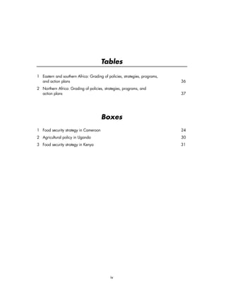 Tables 
1 Eastern and southern Africa: Grading of policies, strategies, programs, 
and action plans 36 
2 Northern Africa: Grading of policies, strategies, programs, and 
action plans 37 
Boxes 
1 Food security strategy in Cameroon 24 
2 Agricultural policy in Uganda 30 
3 Food security strategy in Kenya 31 
iv 
 